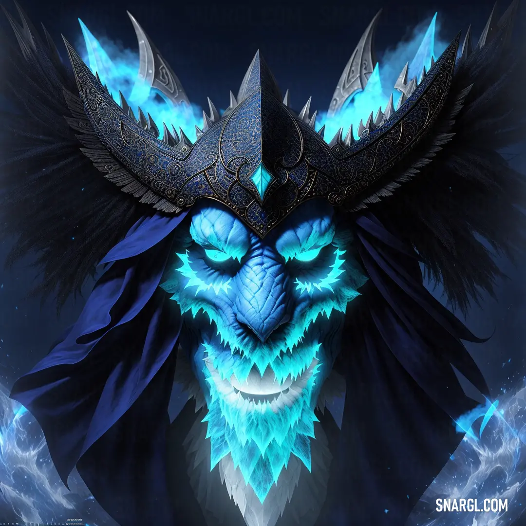 Blue demon with a black mask and wings on his head and a blue flame on his face