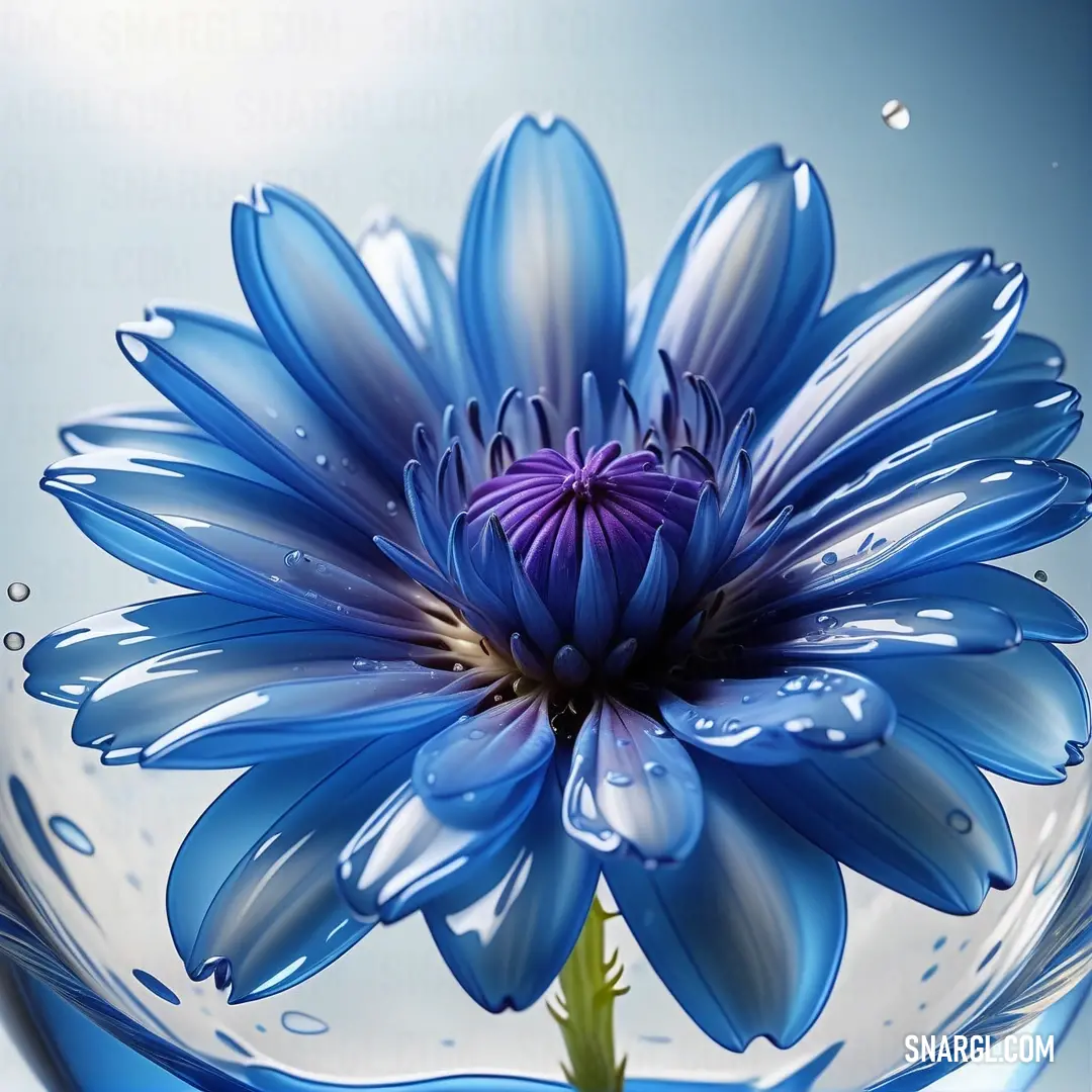 Blue flower in a clear bowl of water with bubbles on the bottom of it. Example of CMYK 100,67,0,34 color.