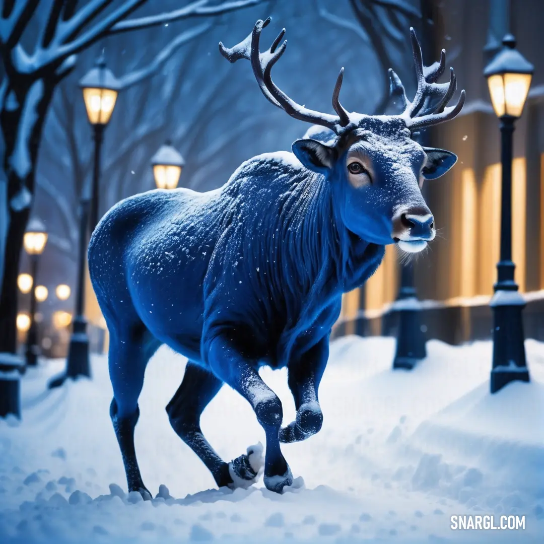 Blue reindeer statue in a snowy park at night with street lights and trees in the background. Example of Royal azure color.