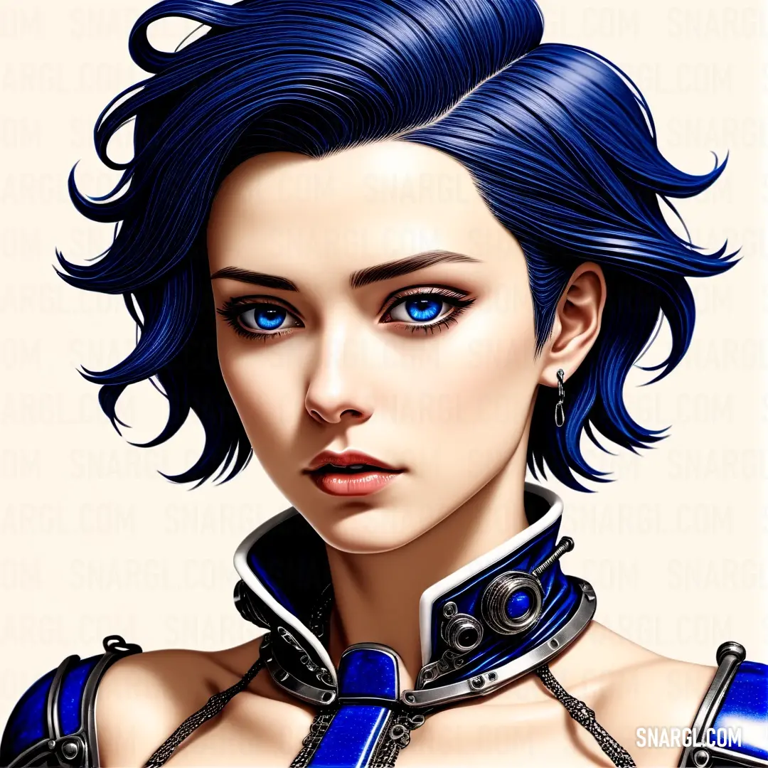 Royal azure color. Digital painting of a woman with blue hair and a collared shirt on her chest
