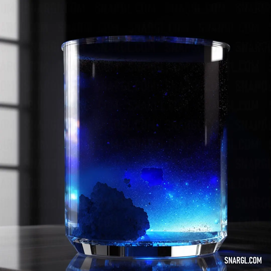 Glass with blue liquid in it on a table with a window in the background