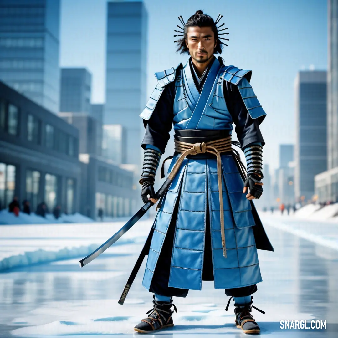 Man in a blue and black outfit holding two swords in his hands and standing in the snow in front of a city. Color RGB 0,56,168.
