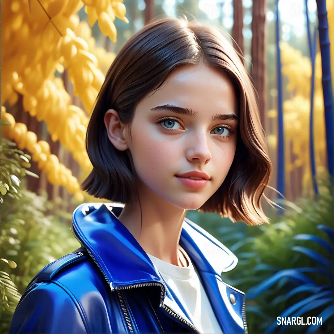 Painting of a girl in a blue jacket in a forest with yellow leaves and a yellow tree behind her. Example of Royal azure color.