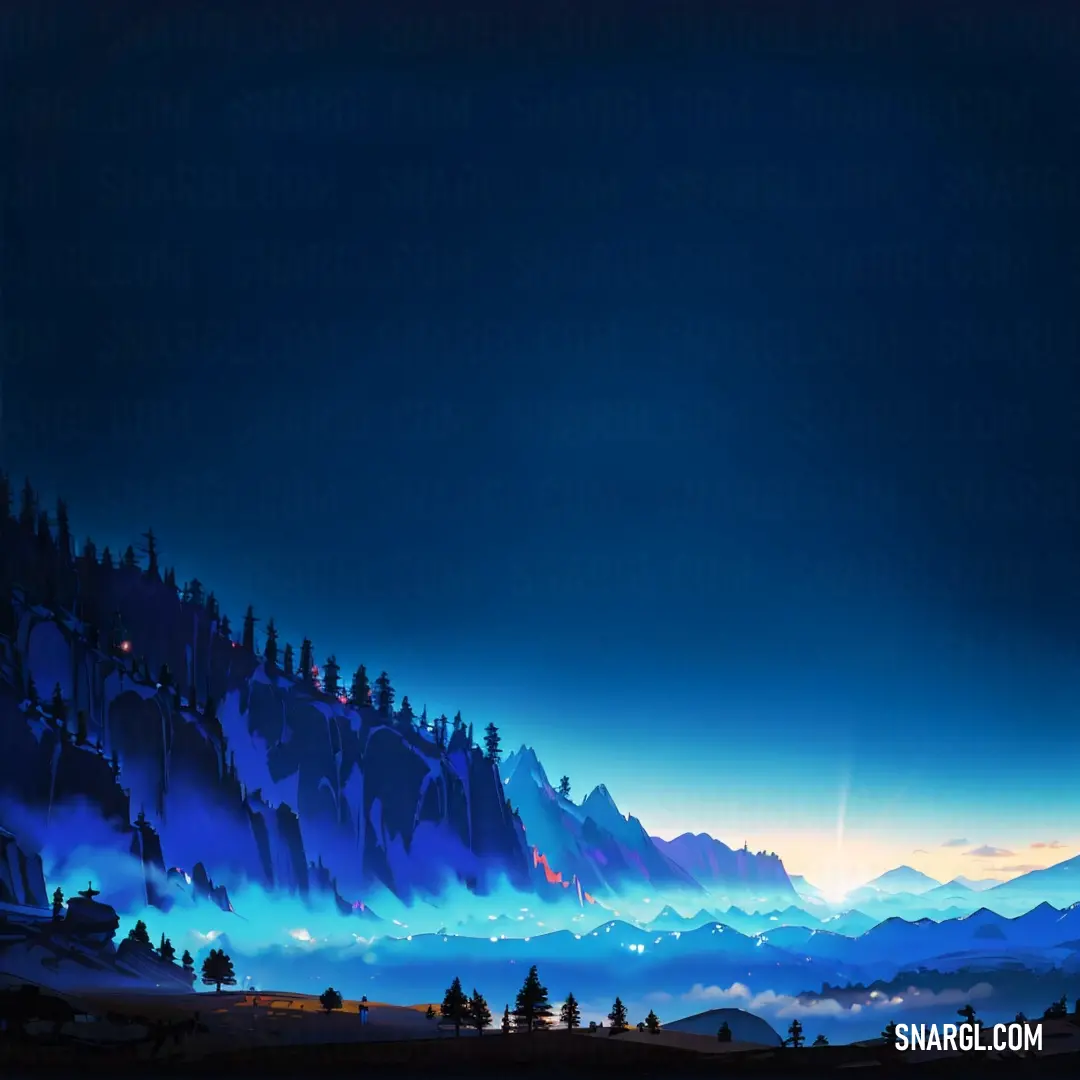 Painting of a mountain range with a blue sky and clouds at night with a full moon in the distance