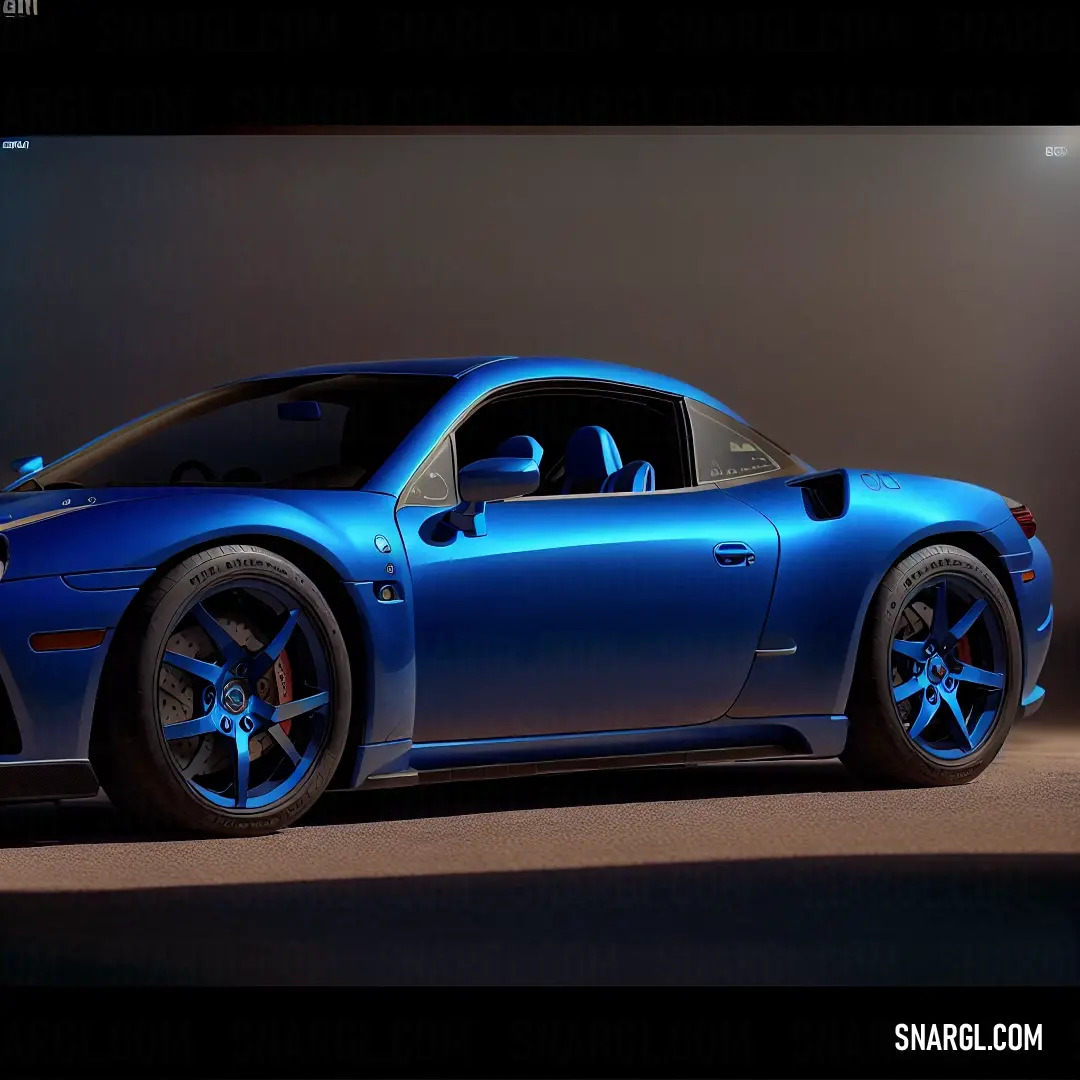 Blue sports car parked in a garage with a black background. Color RGB 0,56,168.