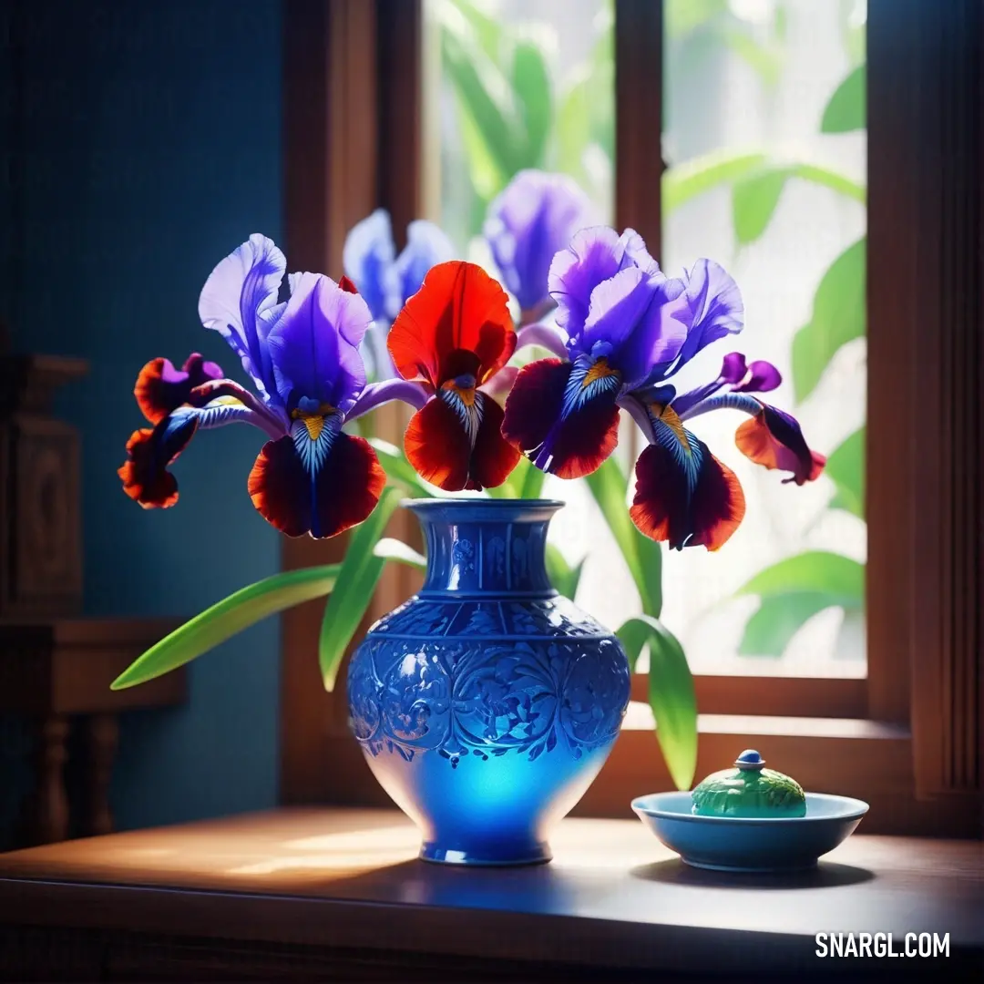 Blue vase with red and purple flowers in it on a table next to a window sill. Color Royal azure.