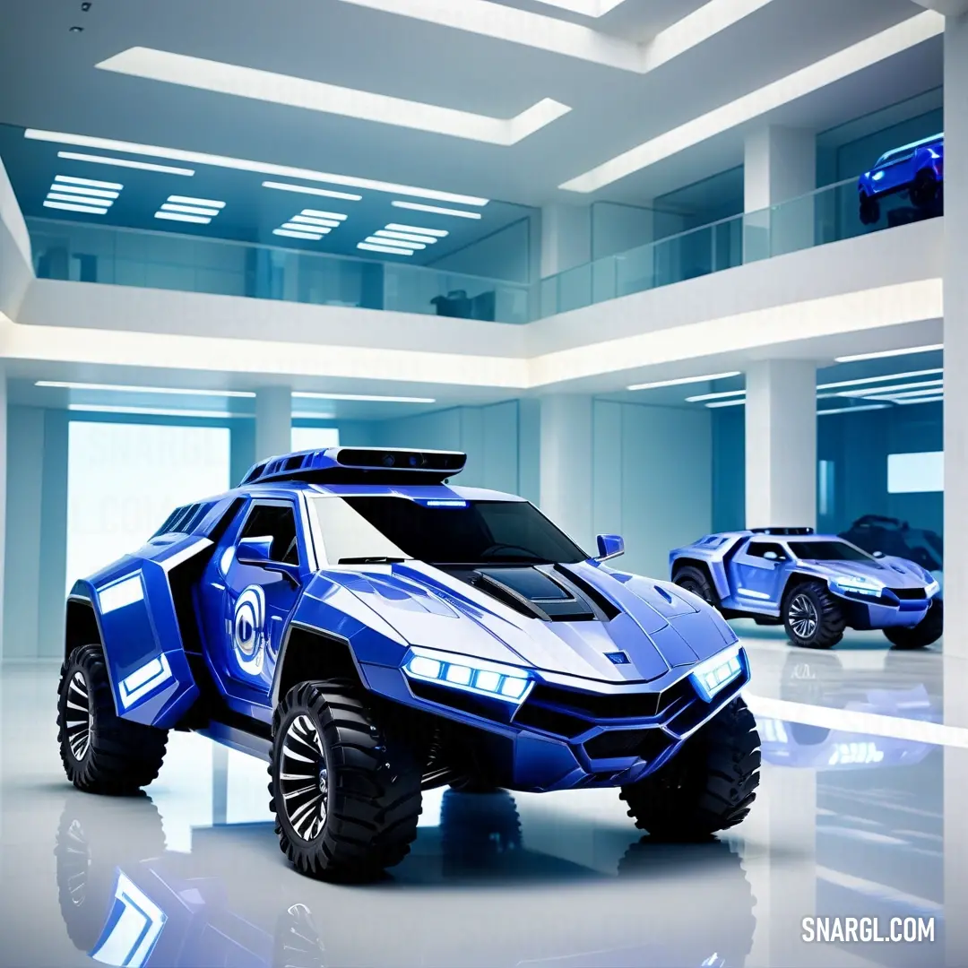 Royal azure color example: Futuristic car is parked in a building with other cars in the background