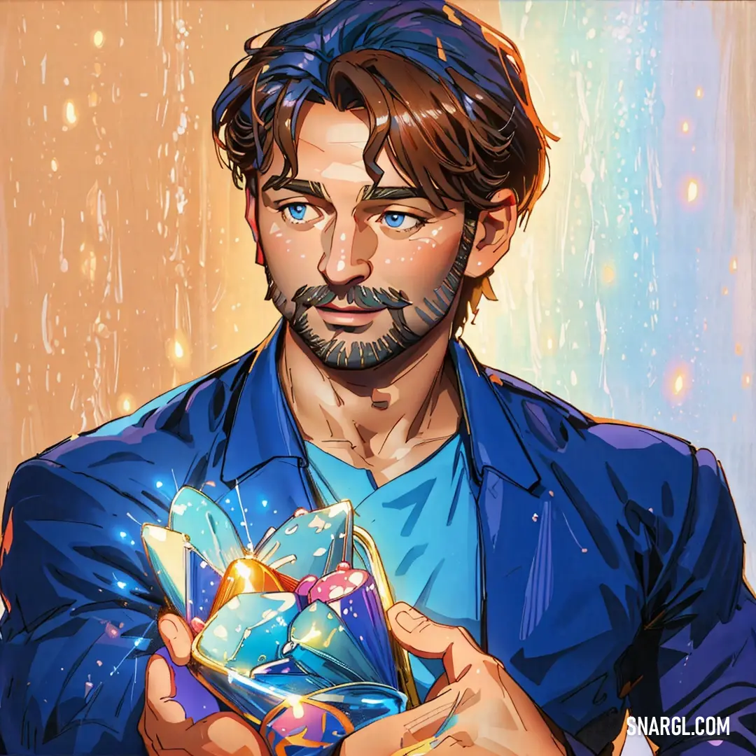 Man holding a gift box with a diamond in it's hands and a blue shirt on his shirt. Color Royal azure.