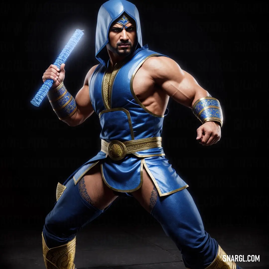 Man in a blue costume holding a sword and wearing a helmet. Color #0038A8.