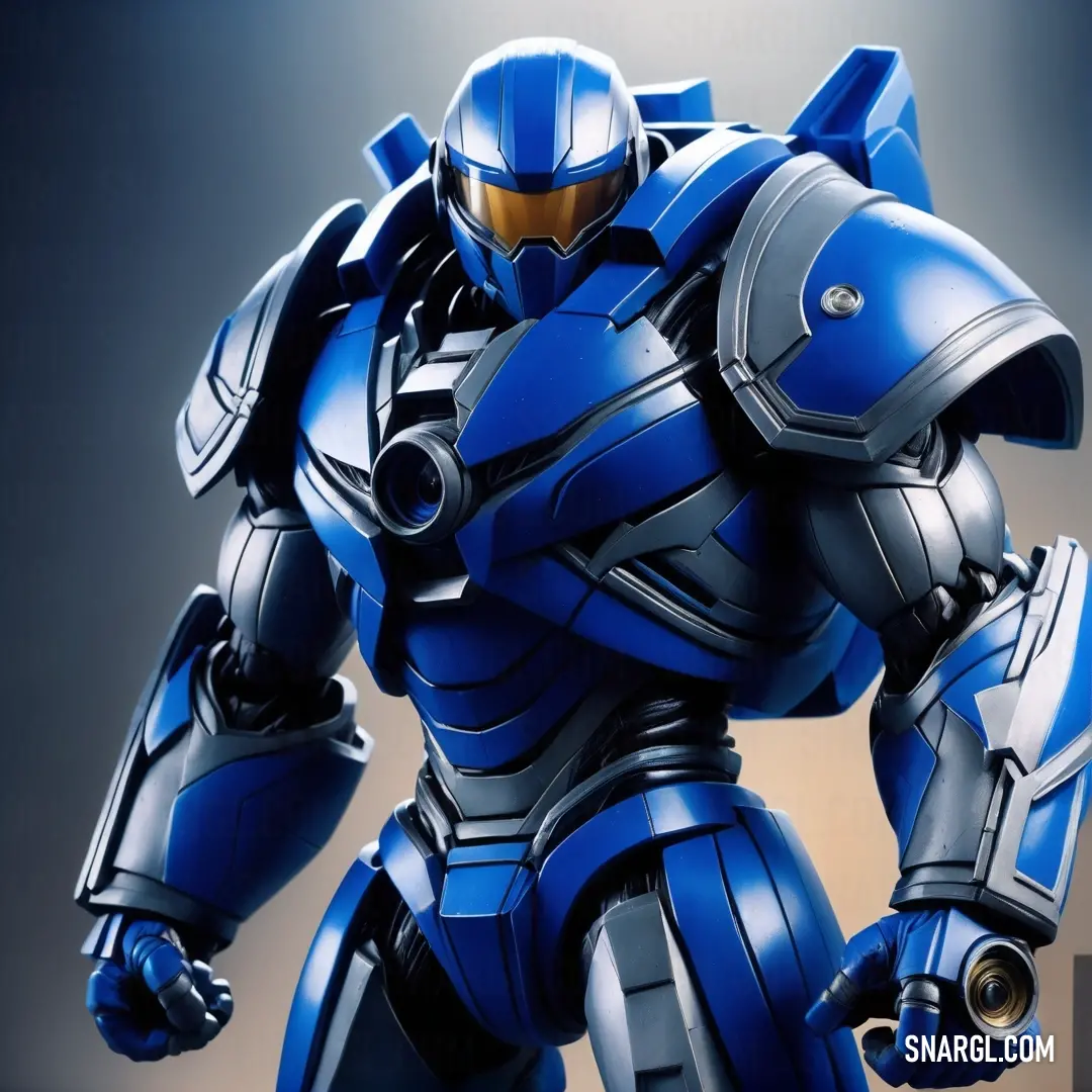 Robot suit is shown in a blue and gray color scheme with a gold accent on the chest and arm. Color #0038A8.