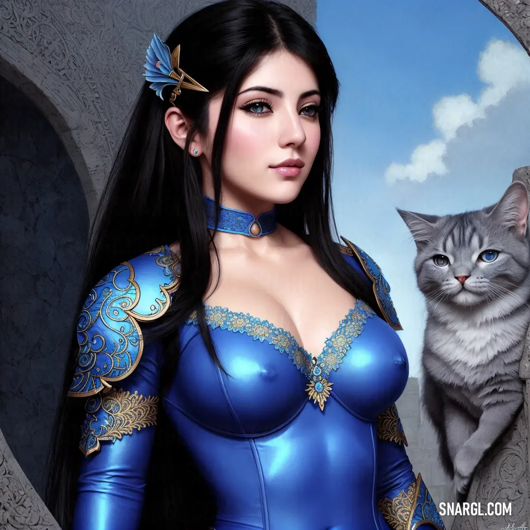 Woman in a blue corset with a cat in the background. Color Royal azure.