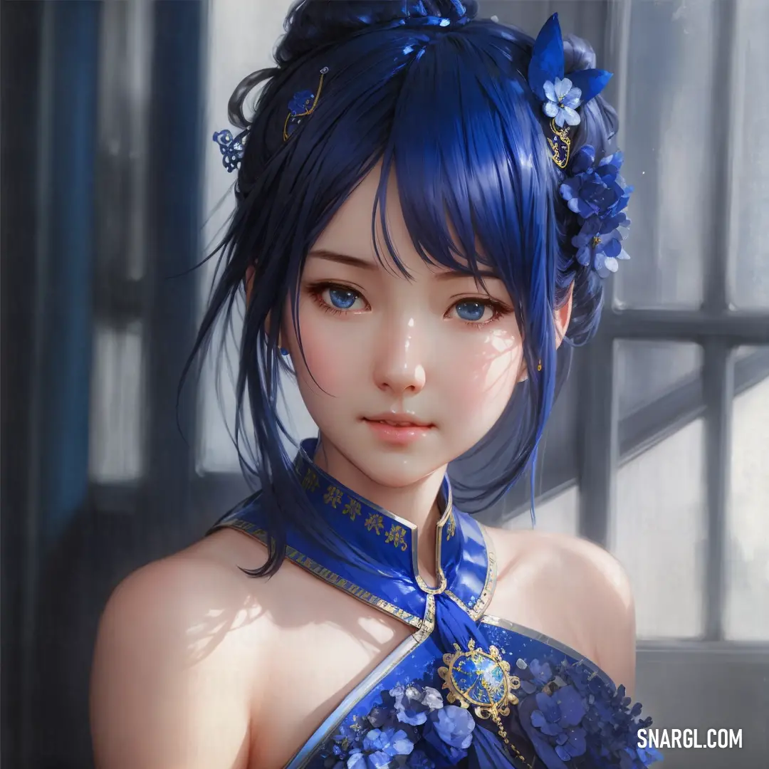 Woman with blue hair and a blue dress with flowers on it's head and a blue ribbon around her neck