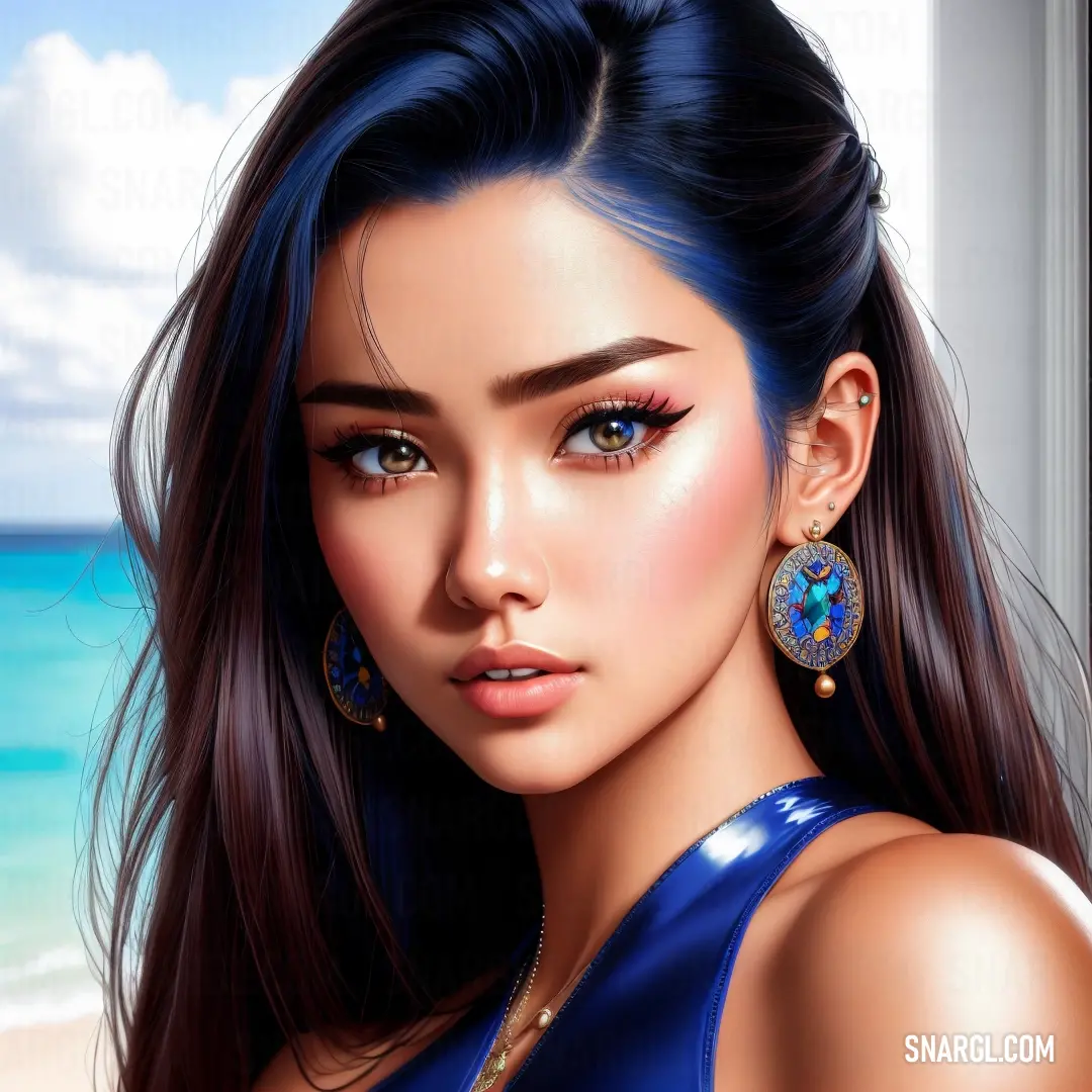 Beautiful young woman wearing blue and gold earrings on a beach side by side with the ocean in the background