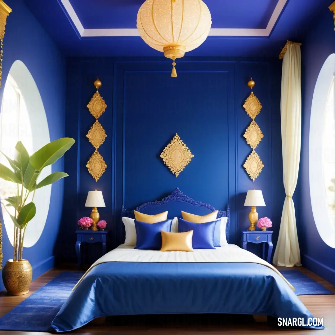 Bedroom with blue walls and a blue bed with yellow pillows and pillows on it. Example of CMYK 71,53,0,12 color.