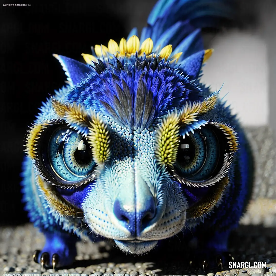 Blue and yellow animal with big eyes and a tail with yellow flowers on it's head