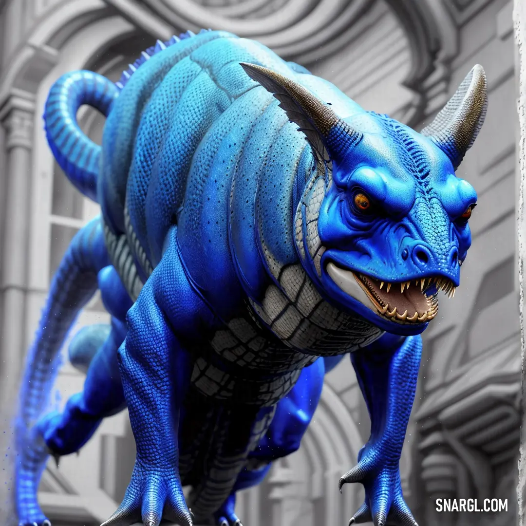 Blue dragon statue is standing in front of a building with a large window