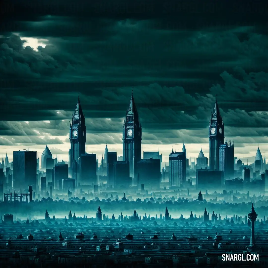 City skyline with a clock tower in the middle of it at night time with a dark sky and clouds