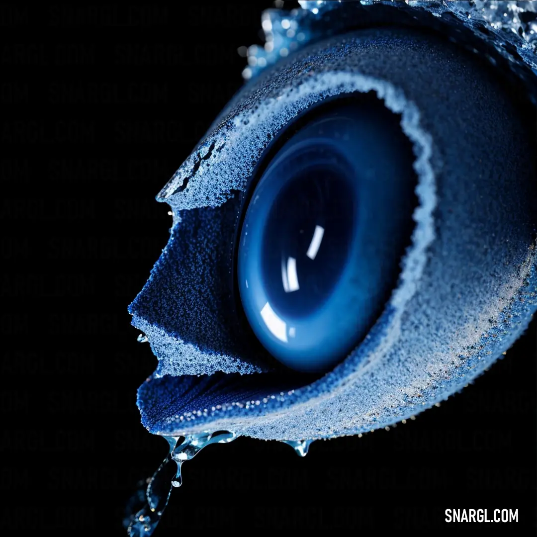 Close up of a blue eye with water droplets on it's lens lens is covered in ice