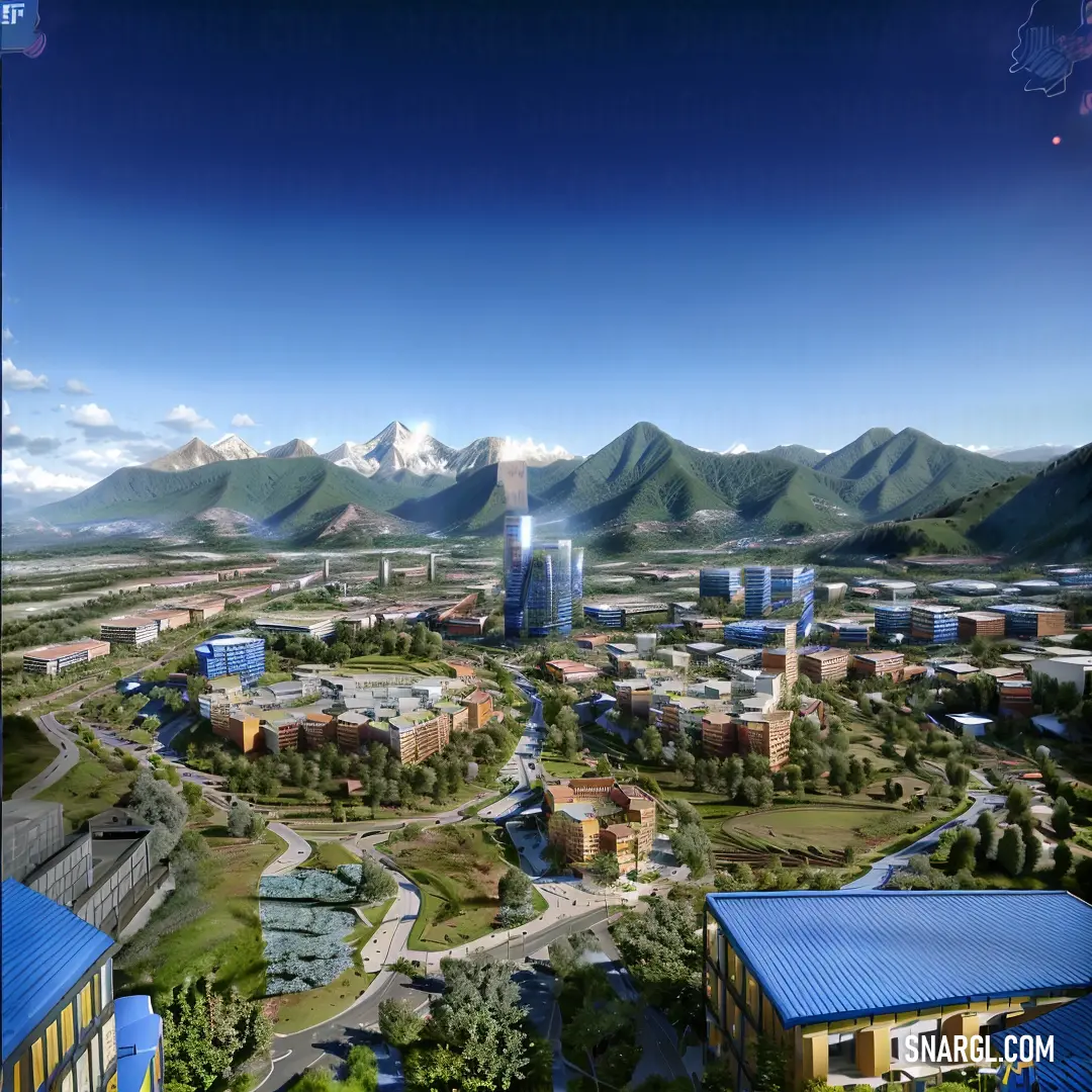Computer generated image of a city surrounded by mountains and trees with a blue roof