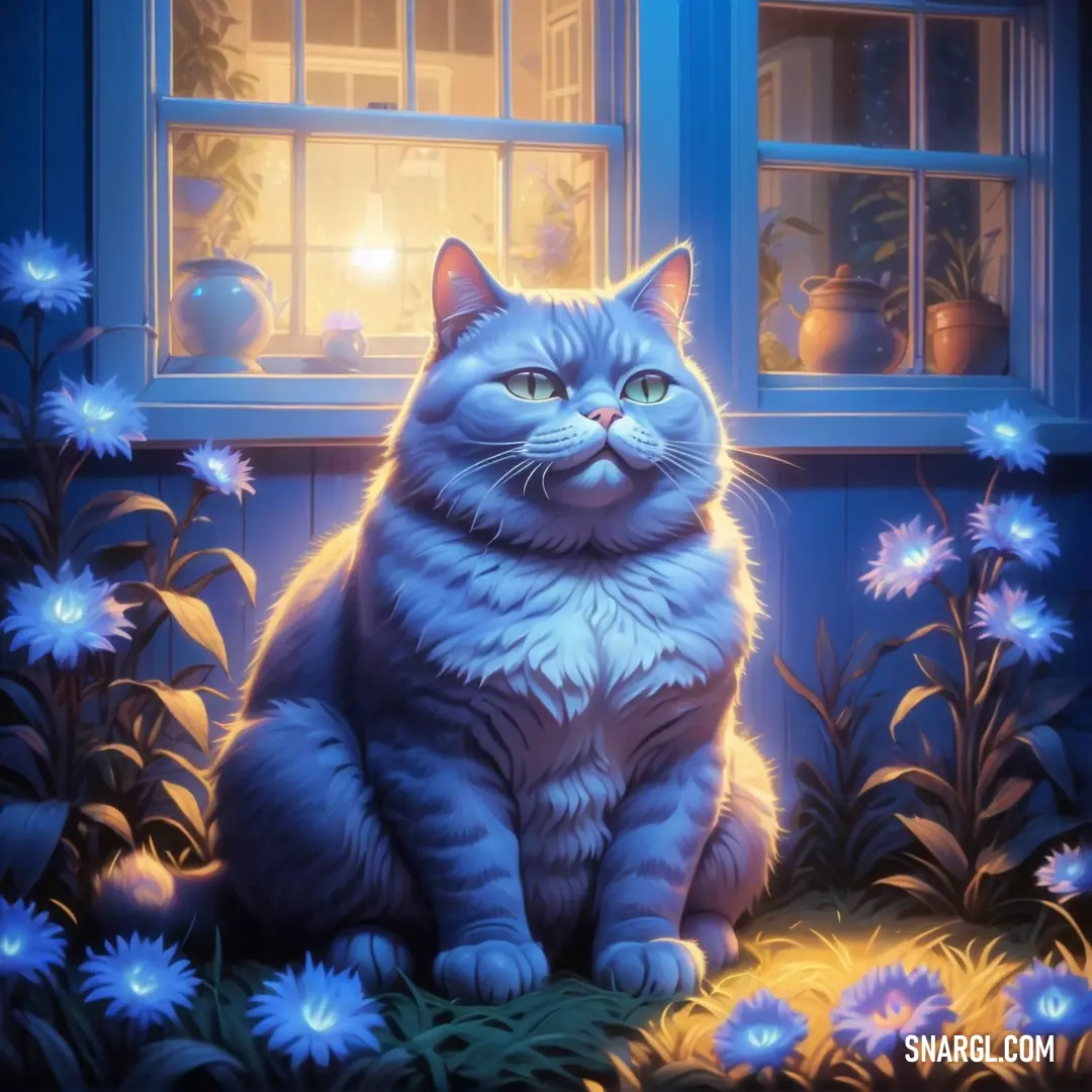 Painting of a cat in front of a window with a blue flowered field in front of it