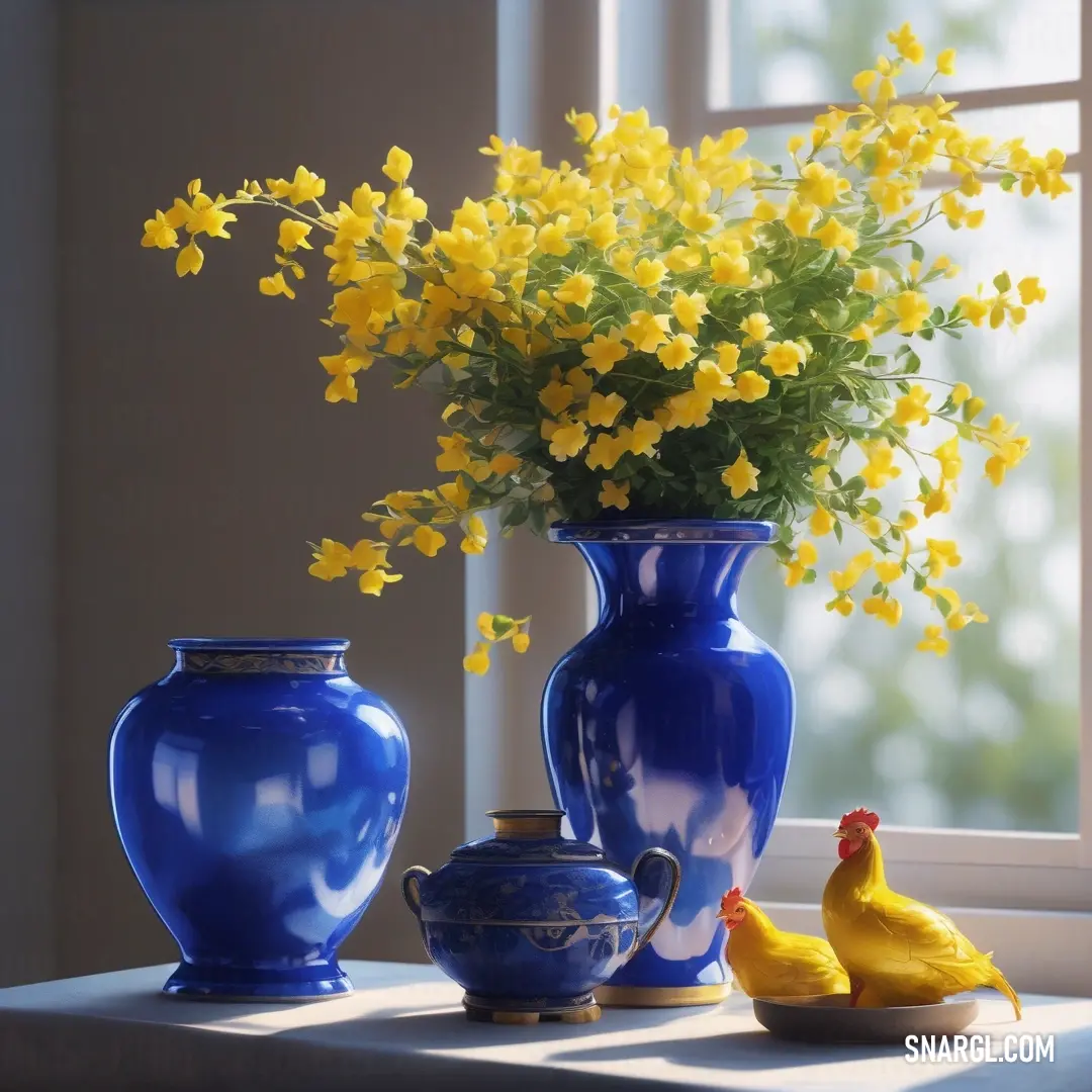 Vase with yellow flowers and two chickens next to it on a table next to a window sill. Example of Royal blue color.