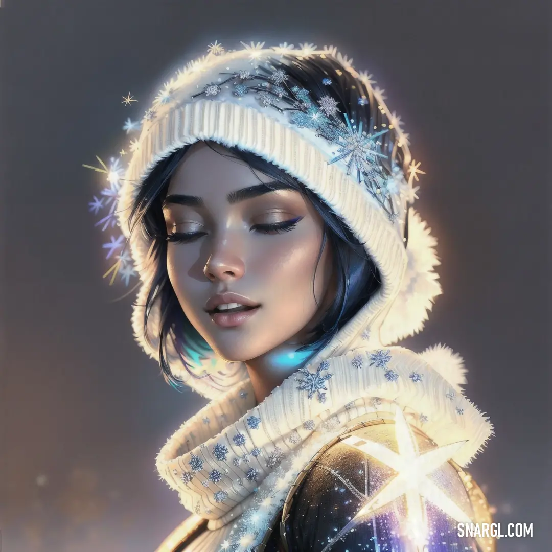 Woman with a hat and a star on her head is looking down at something in the distance