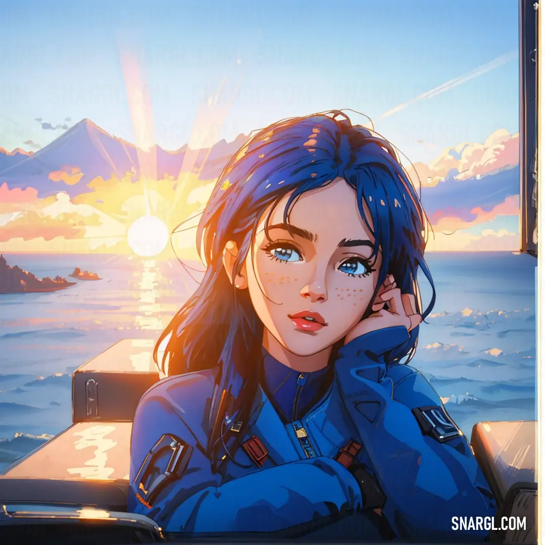 Woman with blue hair and a blue jacket is on a boat in the water and looking at the camera
