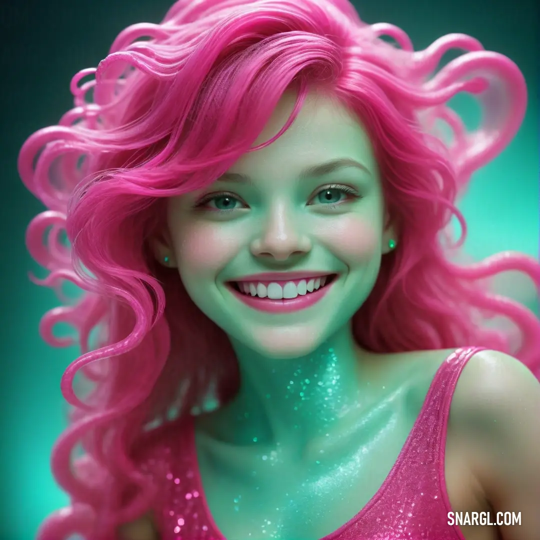 Royal fuchsia color. Girl with pink hair and a pink dress smiling at the camera with a green background