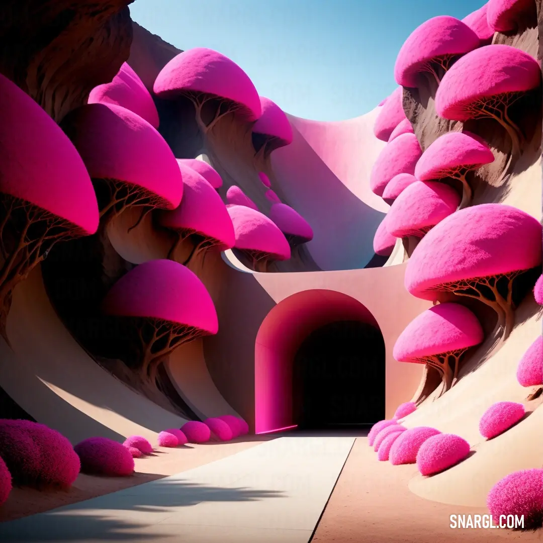 Pink tunnel with a pathway leading to it and trees growing out of it. Color #CA2C92.