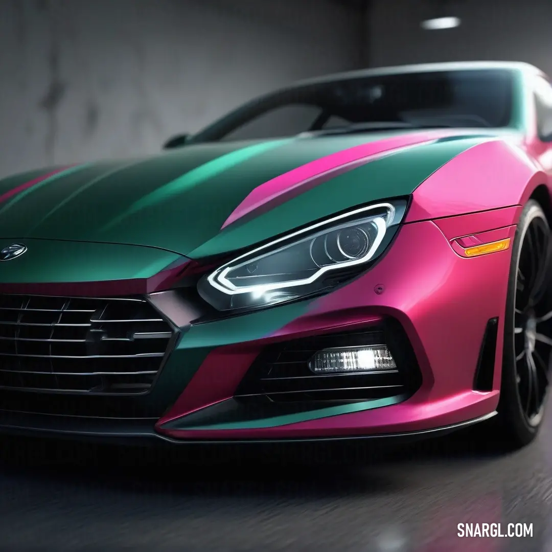 Car with a pink, green and pink paint job on it's hood. Example of CMYK 0,78,28,21 color.
