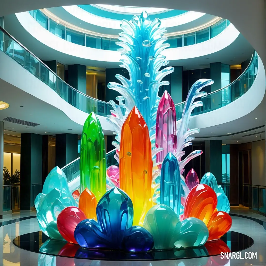 Large glass sculpture in a building with a circular ceiling and a circular glass window above it is a colorful pineapple