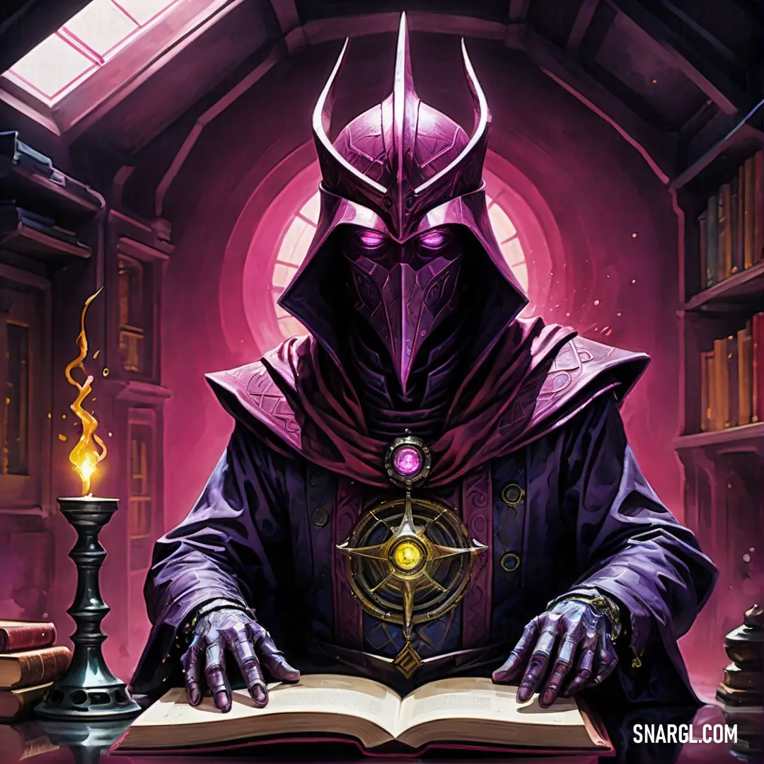 Man in a purple outfit is reading a book with a candle in his hand. Color RGB 202,44,146.