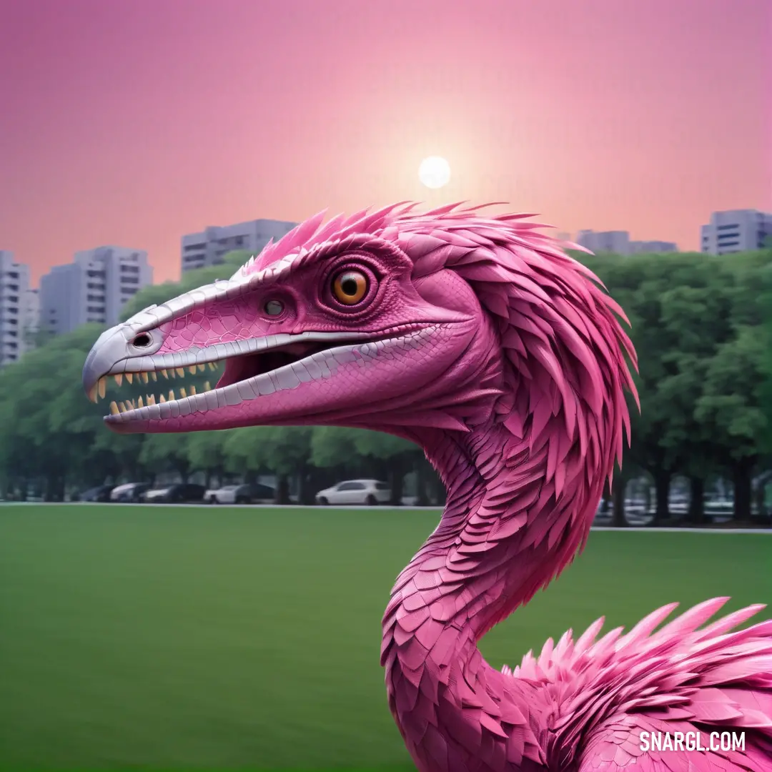 Pink dinosaur statue in a park with a city in the background. Example of RGB 202,44,146 color.