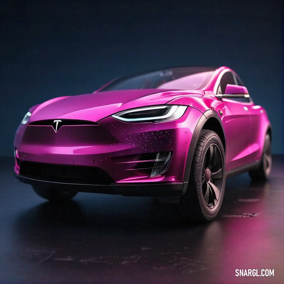 Royal fuchsia color. Pink electric car is parked in a dark room with a black background