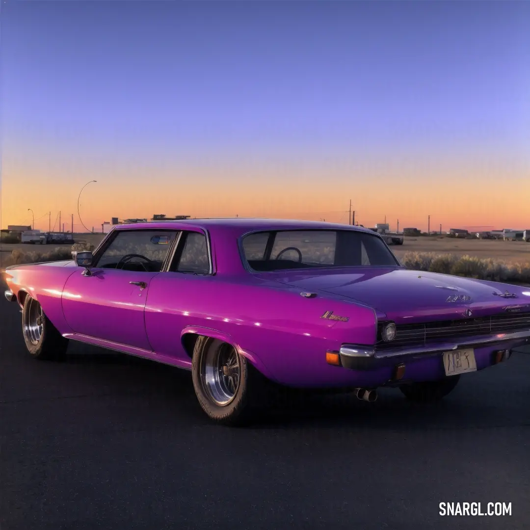 Purple car parked in a parking lot at sunset or dawn with a sky background. Example of CMYK 0,78,28,21 color.