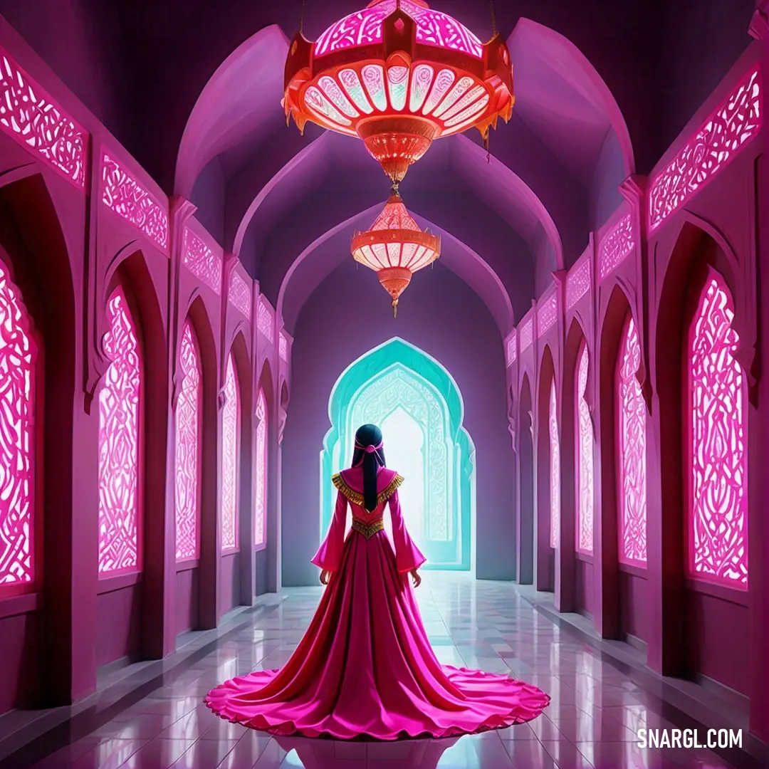 Royal fuchsia color. Woman in a pink dress standing in a hallway with a chandelier hanging from the ceiling