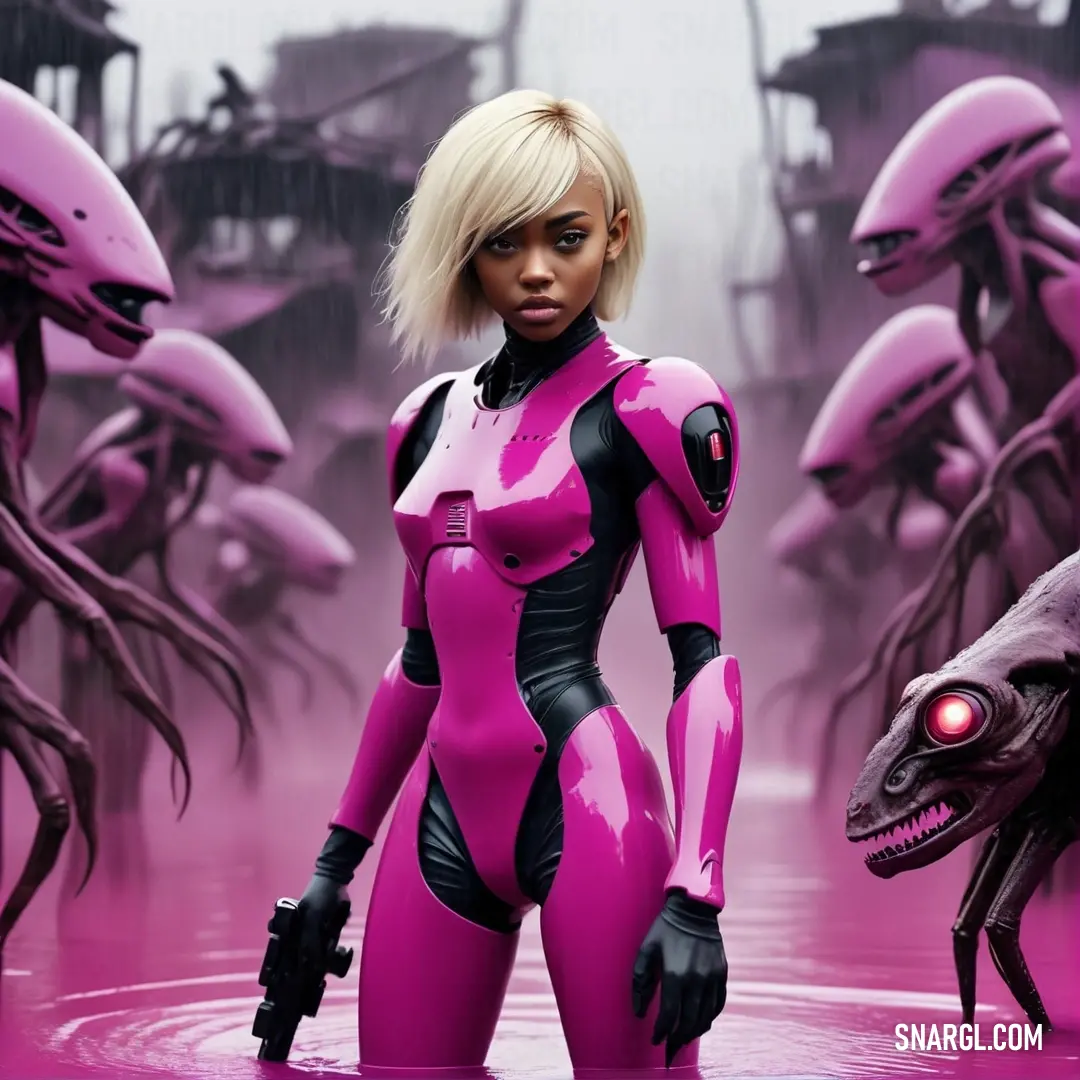 Woman in a pink suit standing in a body of water with aliens behind her. Example of Royal fuchsia color.