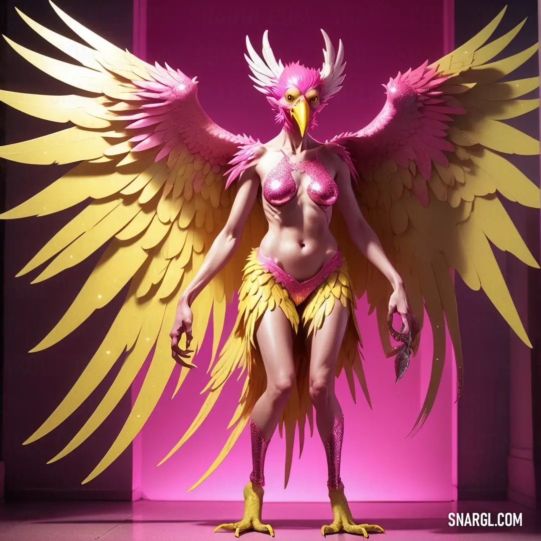 Woman in a bikini with a bird on her head and wings on her body. Color CMYK 0,78,28,21.