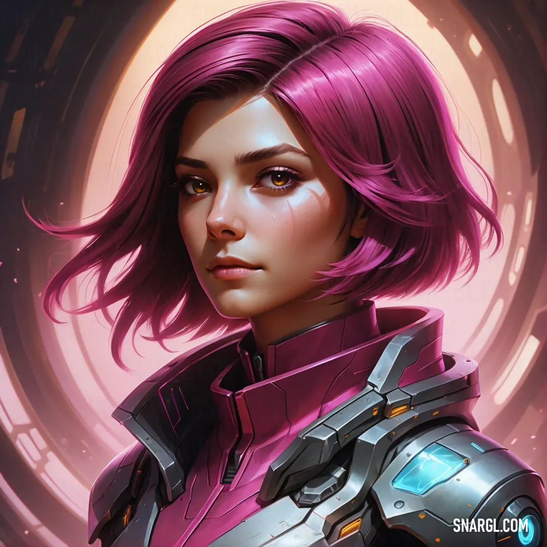 Woman with pink hair and a futuristic suit on her chest. Example of RGB 202,44,146 color.