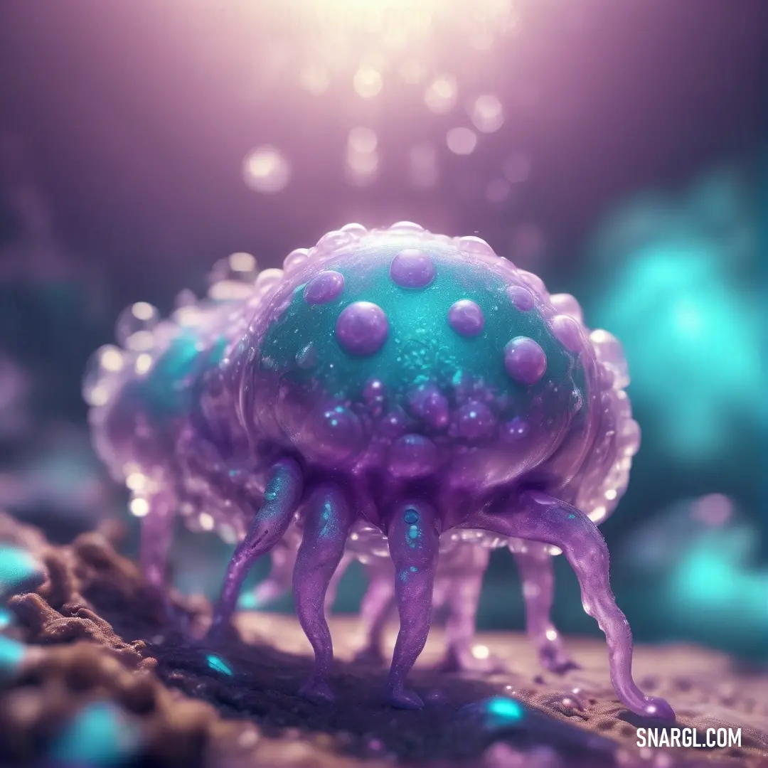 Close up of a jellyfish on a rock under a bright light with bubbles on it's surface. Example of RGB 120,81,169 color.