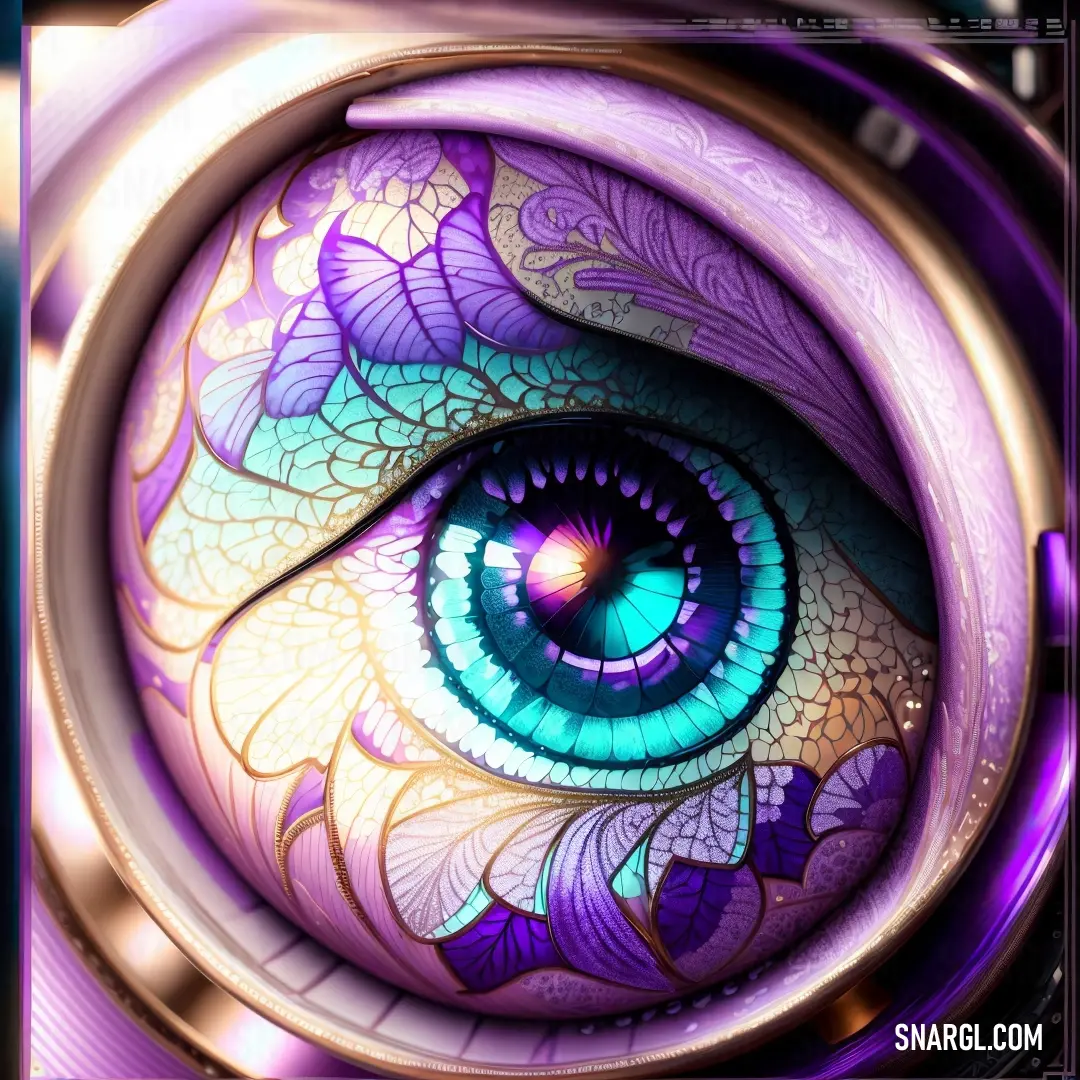 Royal purple color. Close up of a purple and blue eye with a gold frame around it