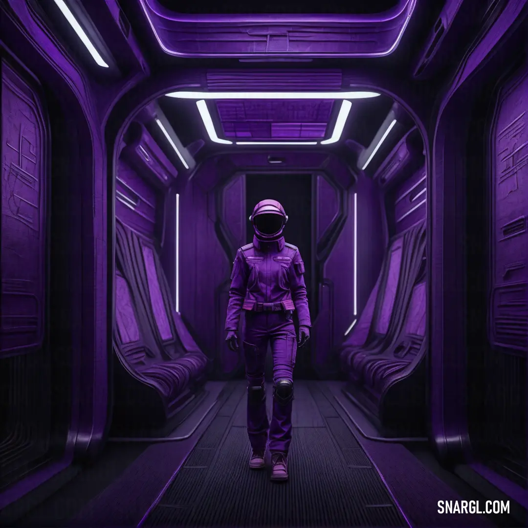 Man in a space suit walking down a hallway in a futuristic building with purple lighting on the ceiling. Color #7851A9.