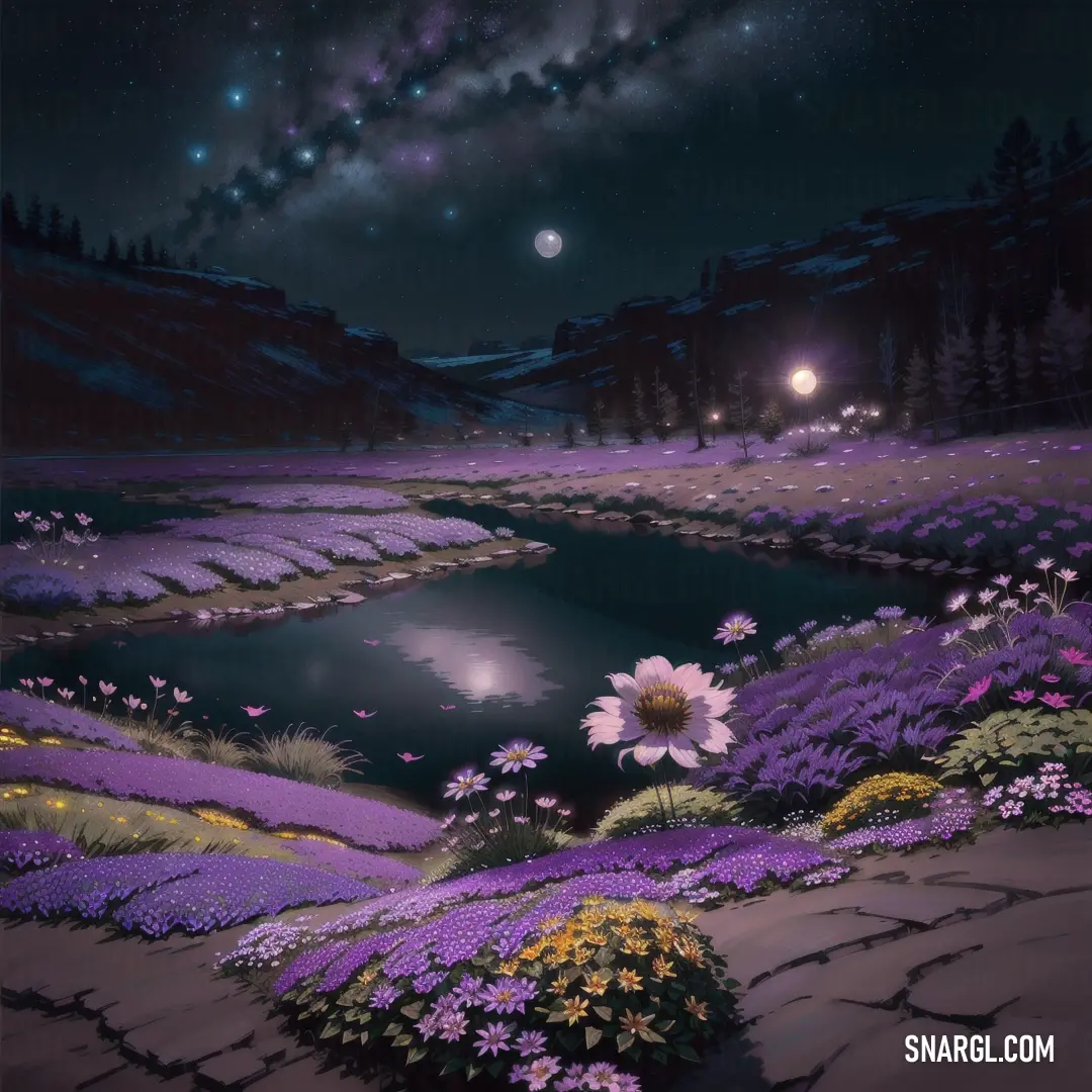 Royal purple color. Painting of a night scene with a lake and flowers in the foreground