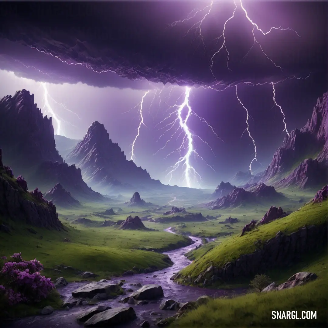Painting of a river running through a valley under a lightning storm with mountains in the background. Color #7851A9.