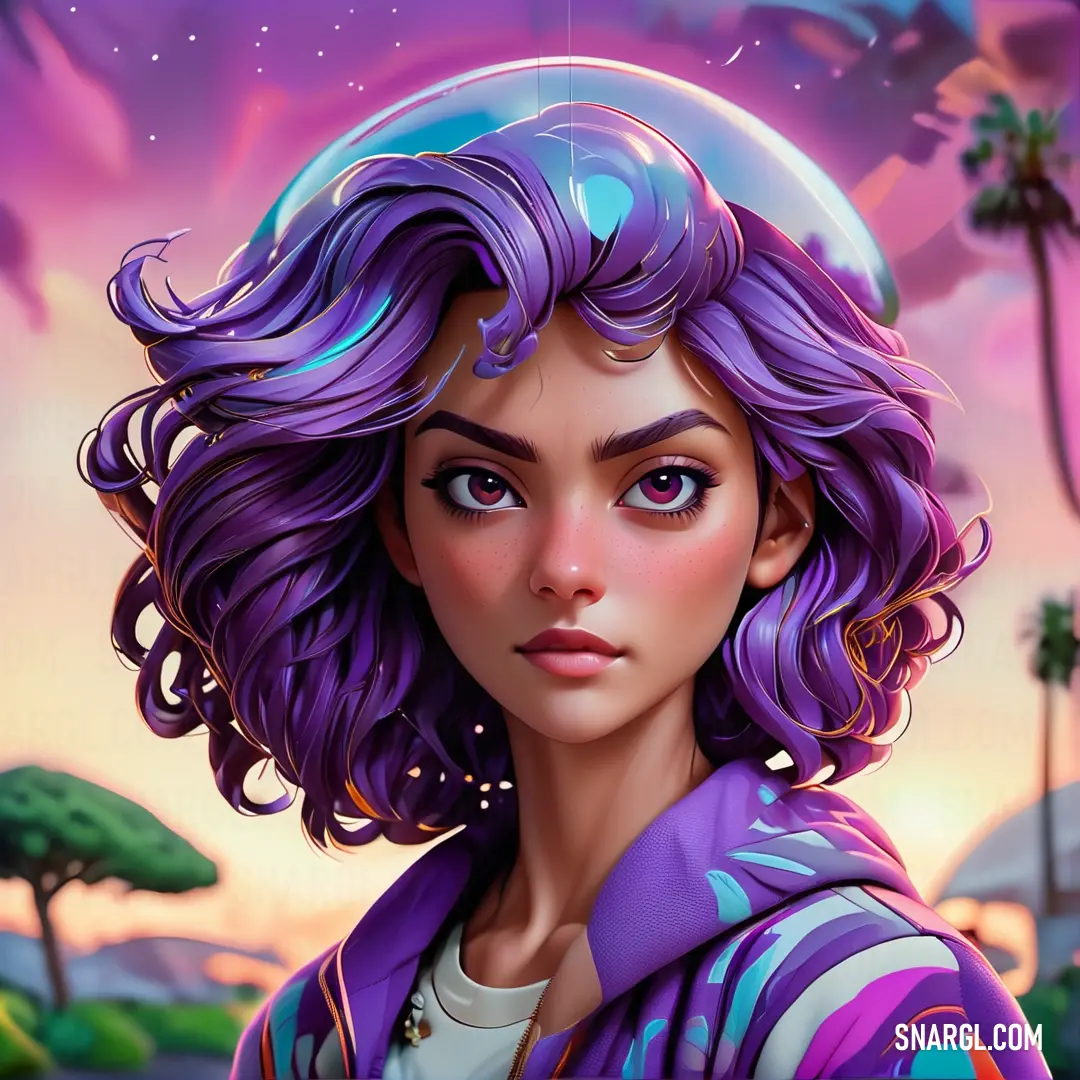 Royal purple color. Painting of a woman with purple hair and a purple jacket on, with palm trees in the background