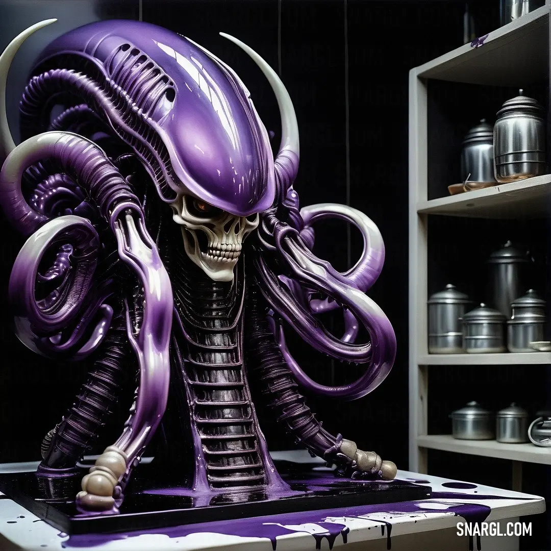 Purple alien is on a keyboard in a room with shelves and shelves of silverware and a purple table. Color RGB 120,81,169.