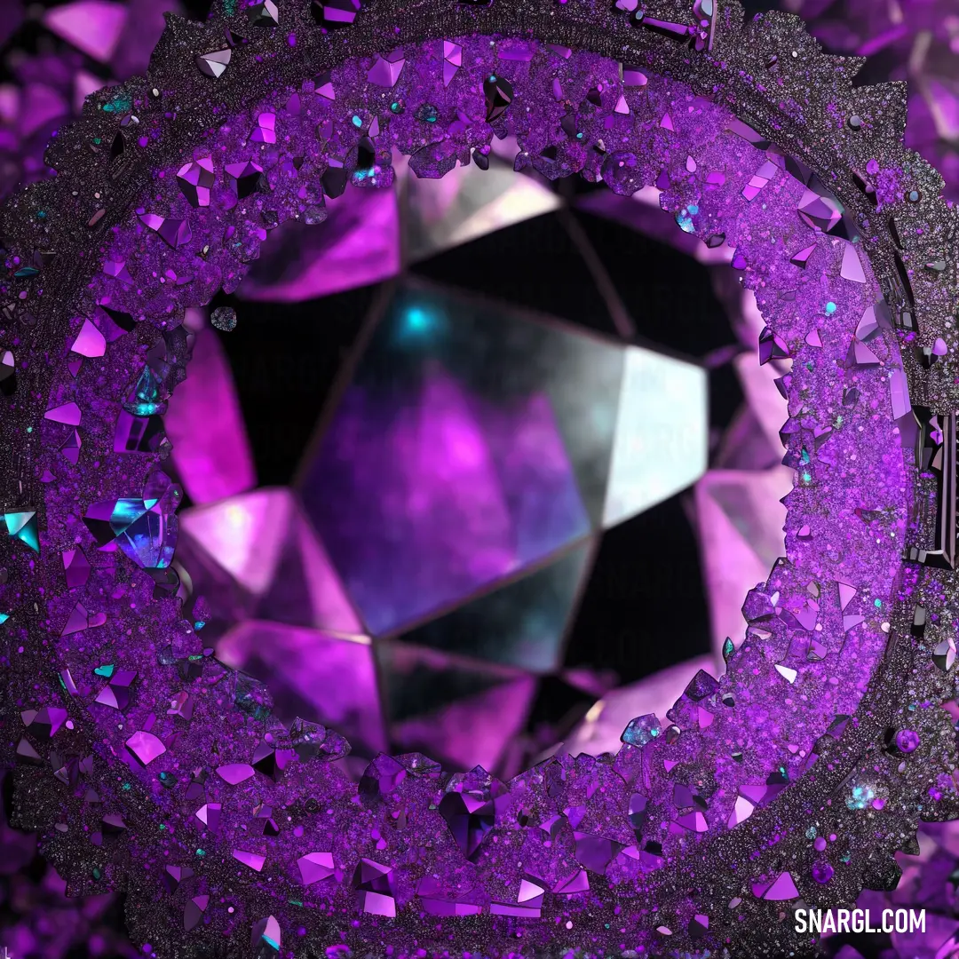 Purple diamond surrounded by purple and blue crystals and a black background with a black border around it