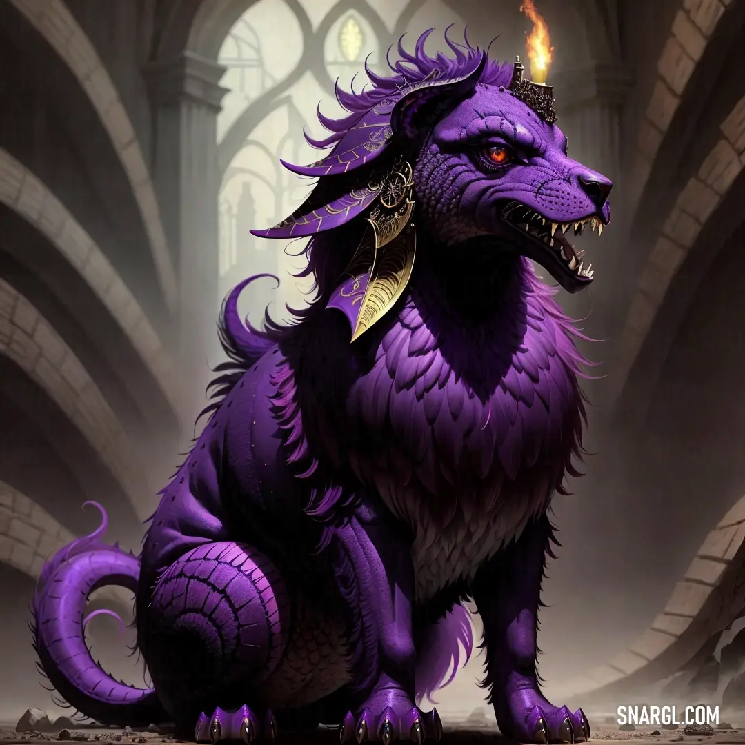 Purple dragon with a crown on its head in a room with a stone wall and a window