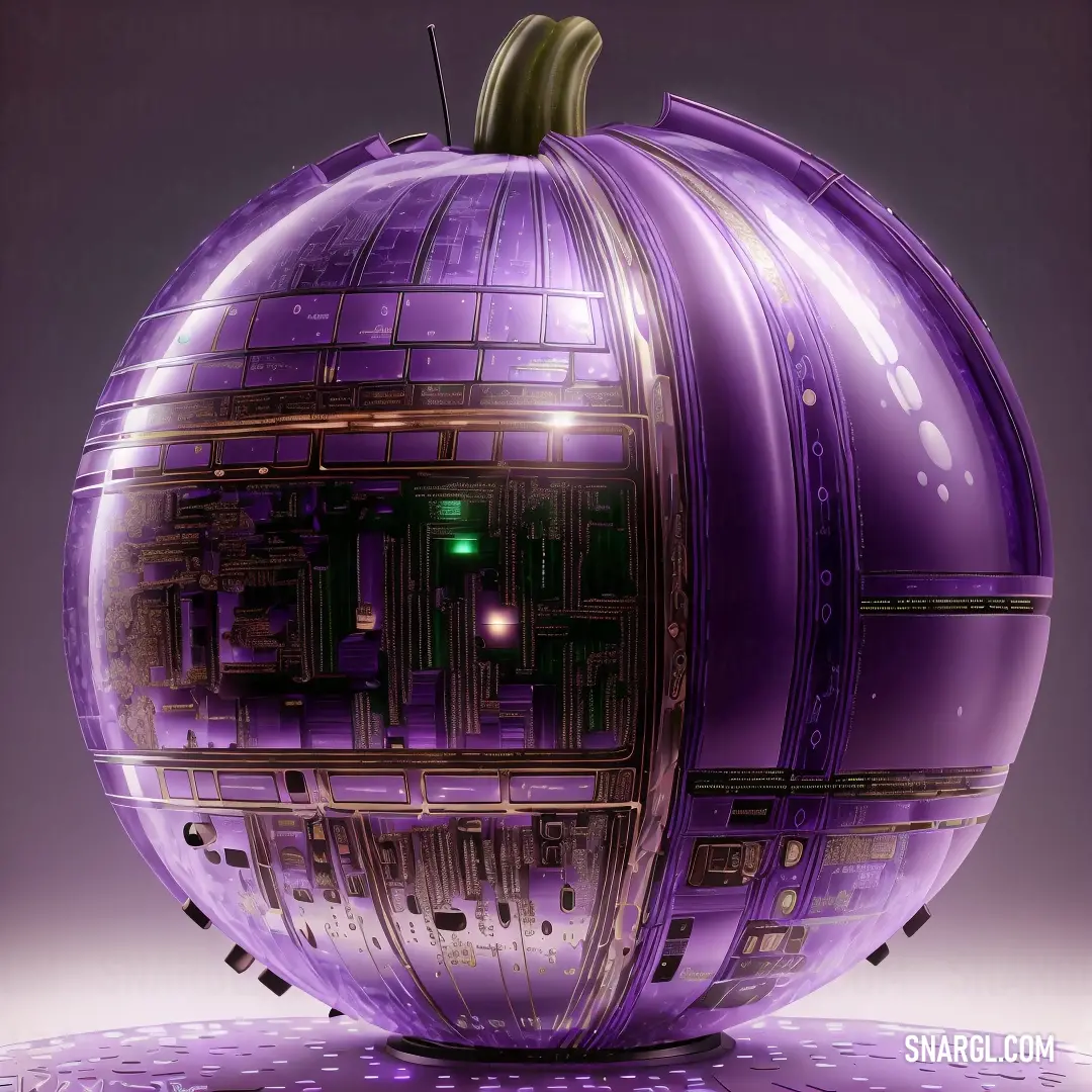 Purple pumpkin with a circuit board inside of it's shell and a green light on top of it