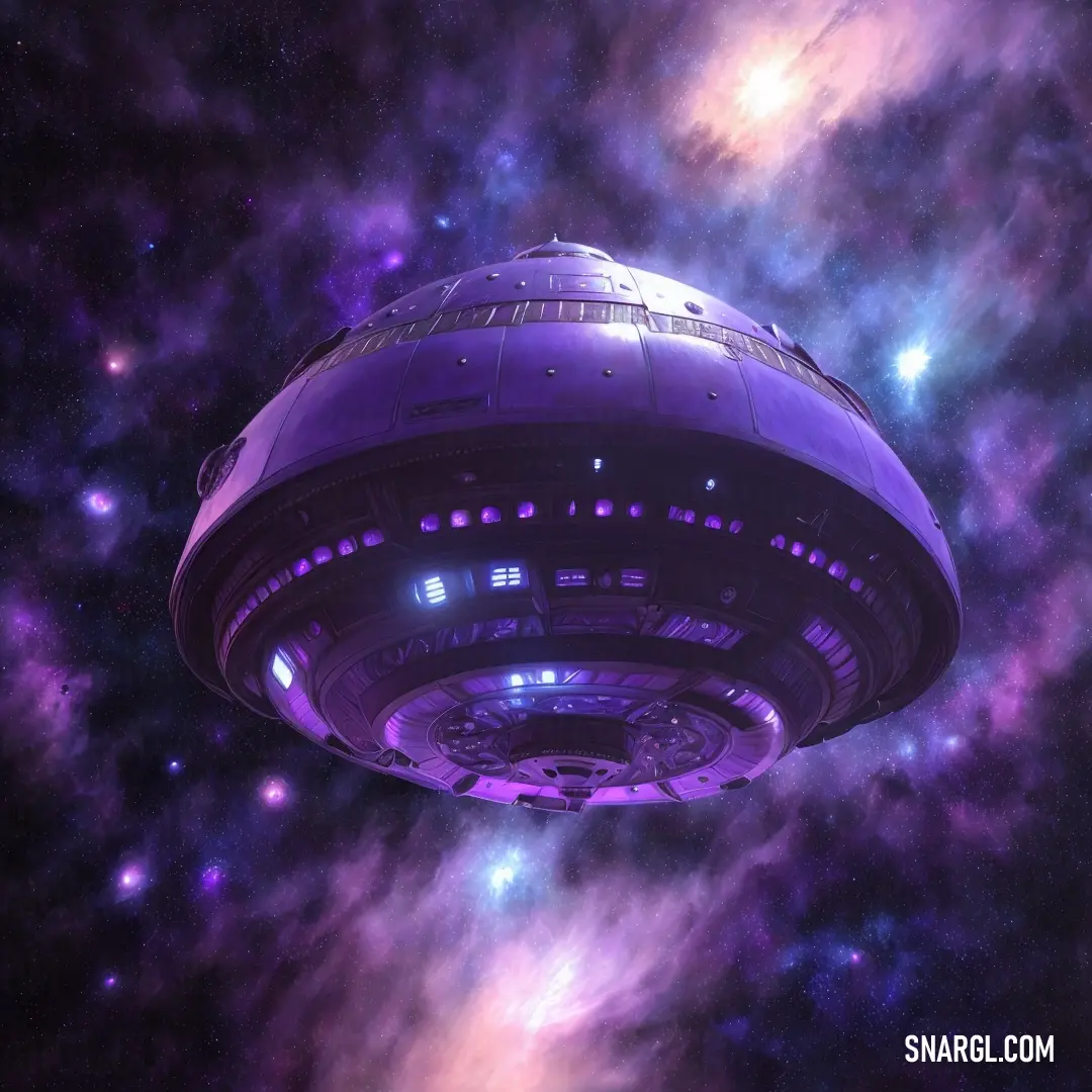Purple space ship floating in the middle of a galaxy filled with stars and dust